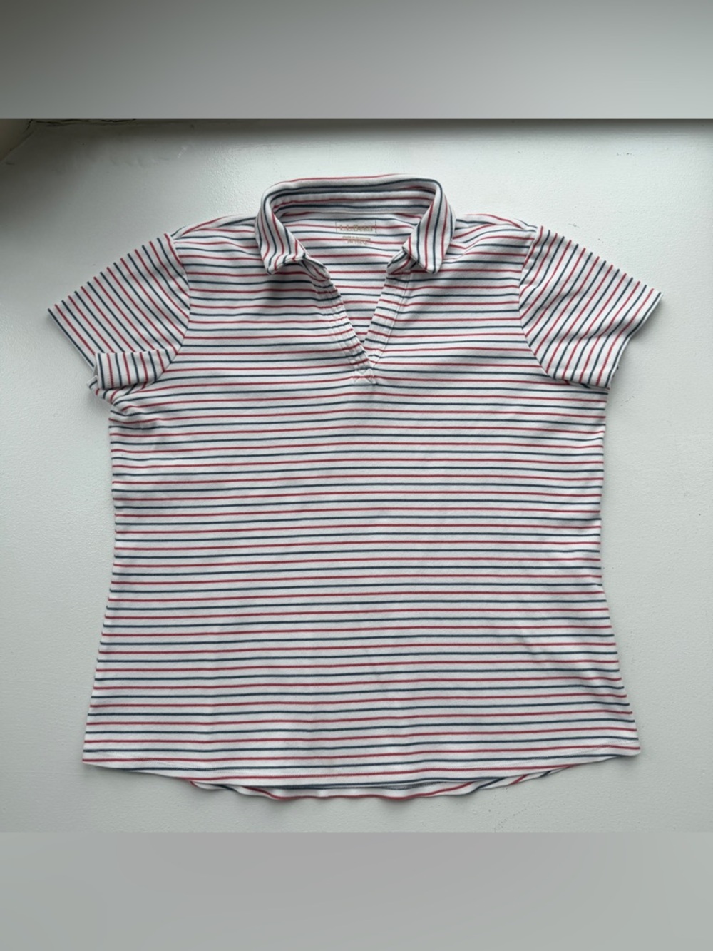 L.L. Bean White Collared Short-Sleeve Polo w/ Red & Navy Stripes Women’s Medium